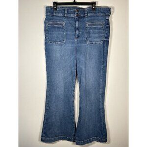 AMERICAN EAGLE Size 18 Super High Rise Flare Jeans Patchwork Pockets Medium Wash